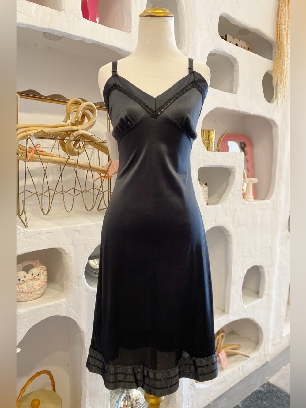 True Vintage Black Nylon Midi Slip Dress with V-Neck and Adjustable Straps